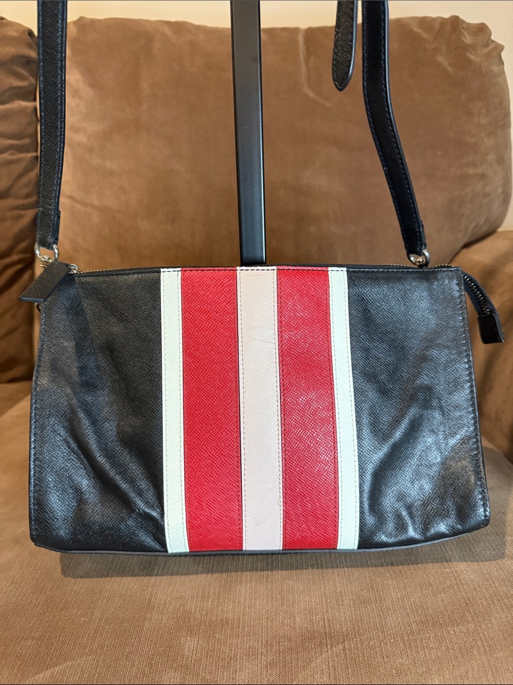 WHBM Black Crossbody Messenger with Red, Pink and White Strips